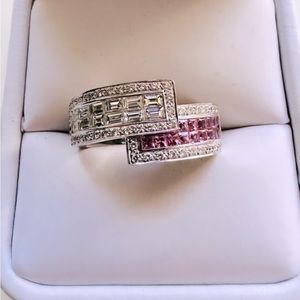 Appraised 18K White Gold, Diamond, and Pink Sapphire crossover ring, exquisite!